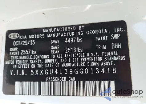 2016 Kia Optima Ex из США, поврежденный, VIN 5XXGU4L39GG013418